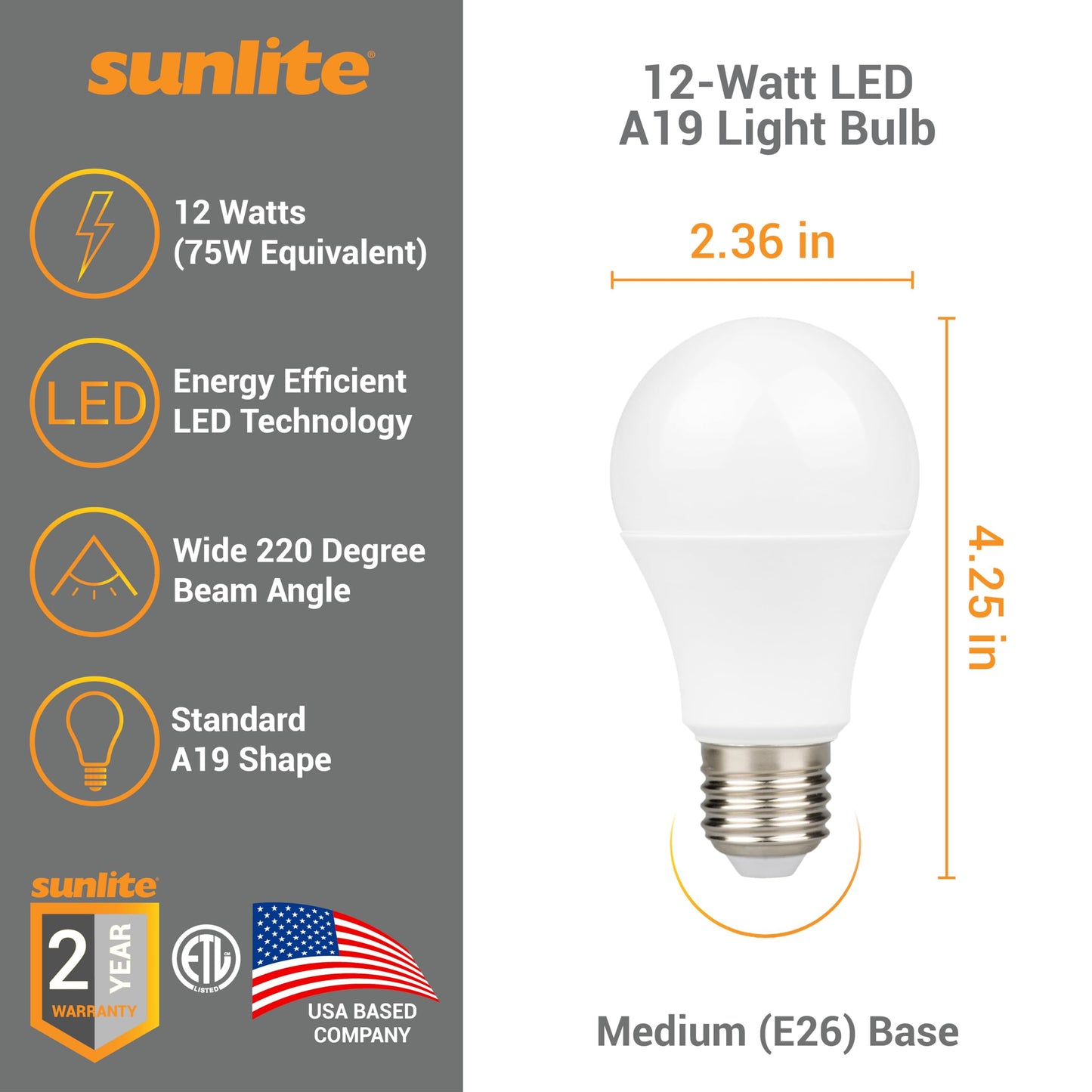 Sunlite 41242-SU LED A19 Light Bulb, Non-Dimmable 12 Watt (75W Equivalent), 1100 Lumens, Medium (E26) Base, ETL Listed, 6500K Daylight, 12 Count