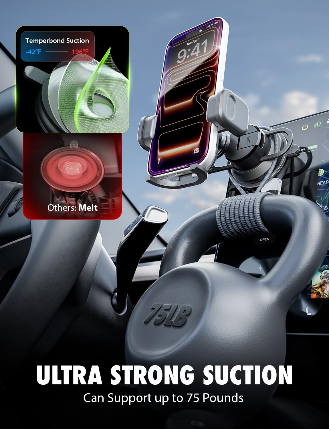Bracketron TripGripPro Suction Cup Phone Mount for Car - 3-in-1 Tesla Phone Mount with 360° Rotation, Temperbond Suction Technology for Windshield