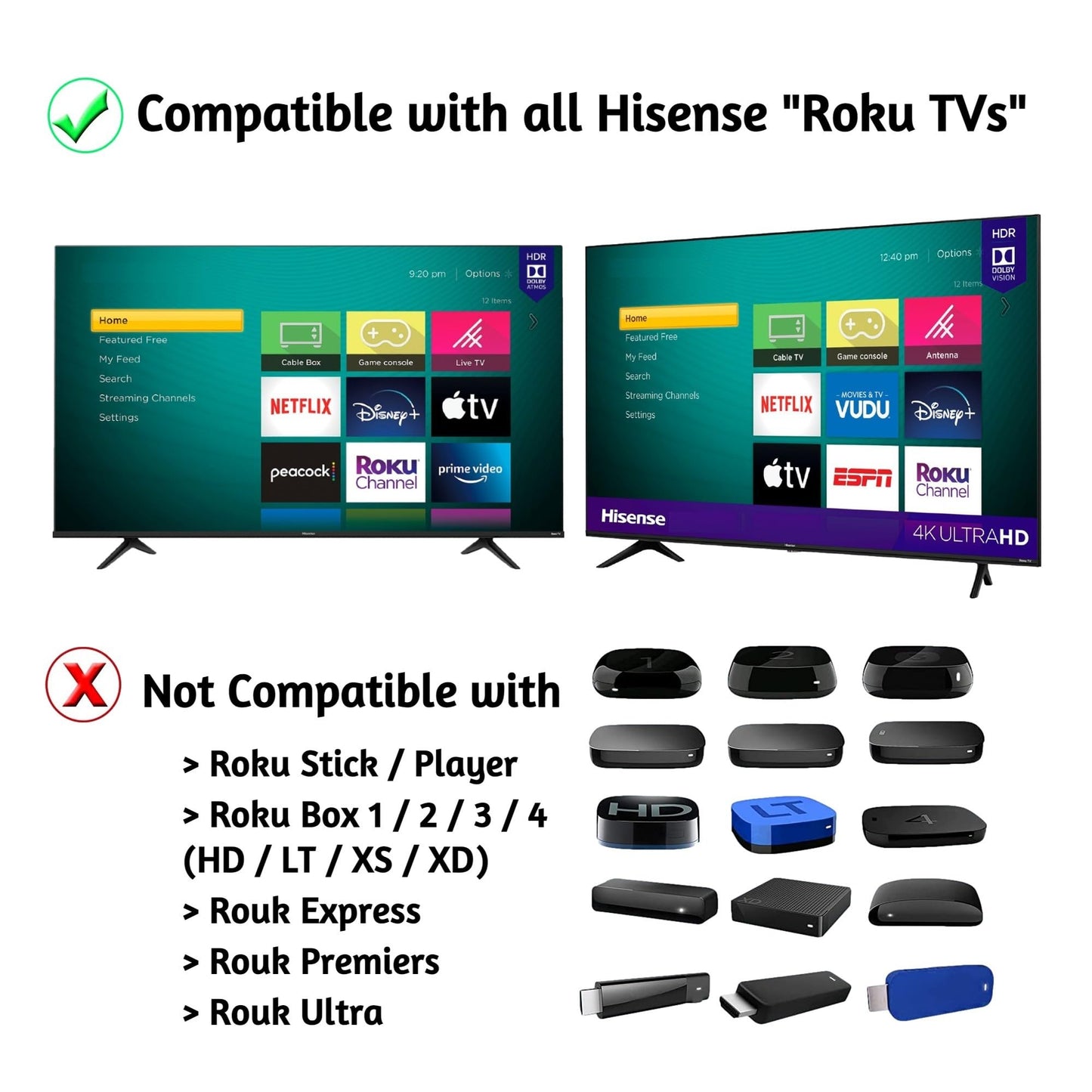 Replacement Remote Control Compatible with All Hisense Roku TV Smart 4K Ultra HDTV?Only Work with Hisense Roku TV, Not for Roku Stick and Roku
