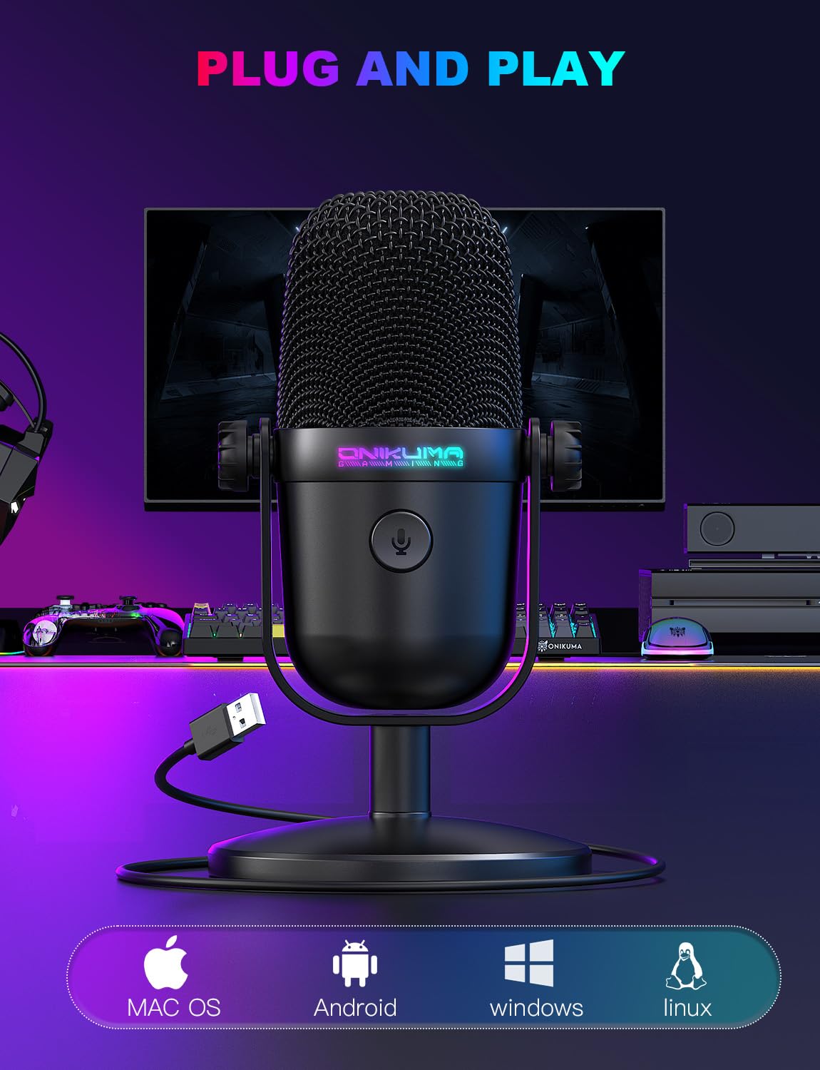 Gaming Microphone with Noise Cancellation & Mute Button, USB Condenser Mic for Streaming/Recording, Ultra-Compact Design, Compatible with