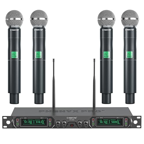 Phenyx Pro Wireless Microphone System, 4-Channel UHF Wireless Mic, Fixed Frequency Metal Cordless Mic with 4 Handheld Dynamic Microphones, 260ft