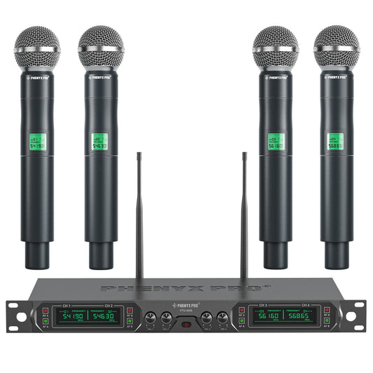 Phenyx Pro Wireless Microphone System, 4-Channel UHF Wireless Mic, Fixed Frequency Metal Cordless Mic with 4 Handheld Dynamic Microphones, 260ft
