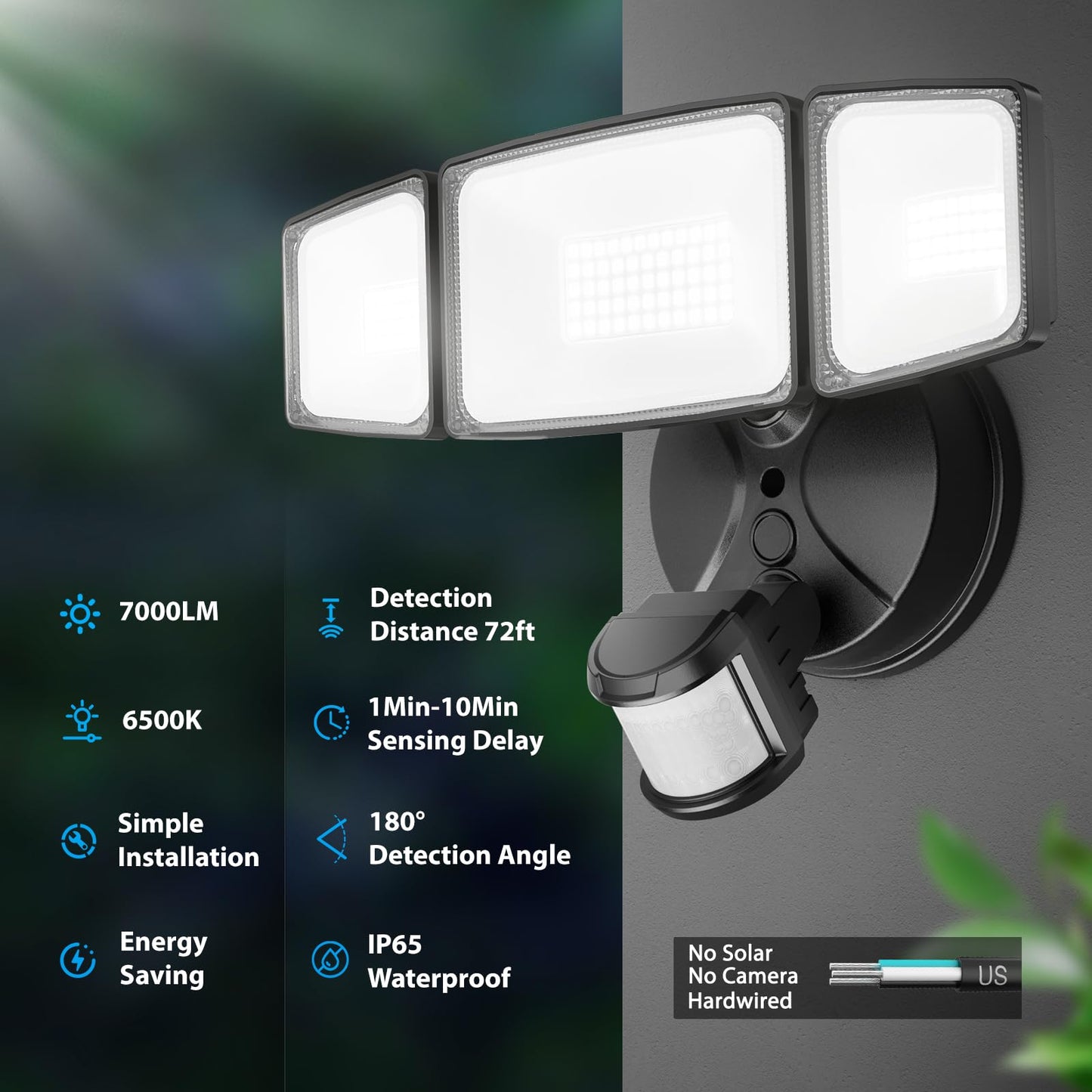 Onforu 75W LED Flood Light Motion Sensor Outdoor, 7000lm Dusk to Dawn Flood Light, Security Light with Three Head, IP65 Waterproof Exterior