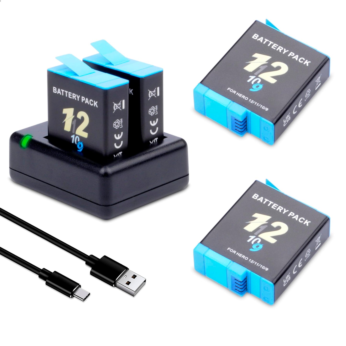 Hero 12/11/10/9 Battery 2-Pack 2000mah with 2-Channel USB Storage Fast Charger Kit Fully Compatible for Hero 12, Hero 11, Hero 10, Hero 9 Black
