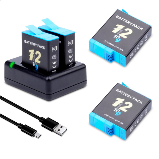 Hero 12/11/10/9 Battery 2-Pack 2000mah with 2-Channel USB Storage Fast Charger Kit Fully Compatible for Hero 12, Hero 11, Hero 10, Hero 9 Black