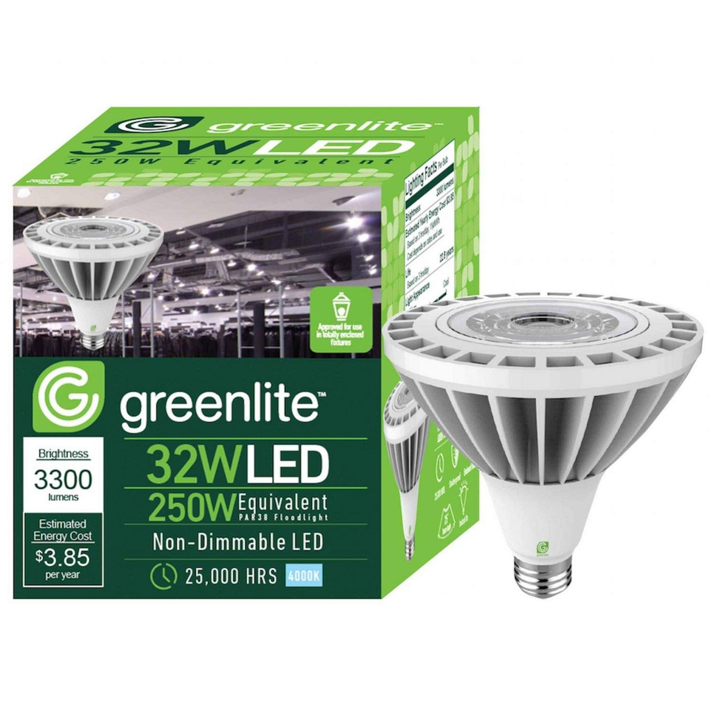 Greenlite 32W LED PAR38 Flood Light Bulb, 250W Equivalent, 3300 Lumens, 4000K Cool White, E26 Medium Base, 120V/277V (1 Pack)