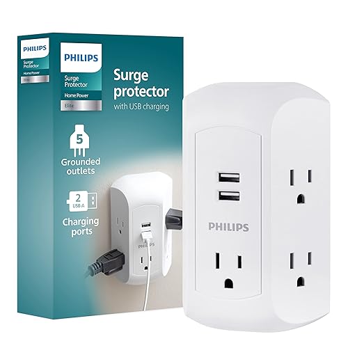 Philips 5-Outlet Extender, Grounded Wall Tap, 3-Prong, 2 USB-A, Surge Protector, Adapter Spaced Outlets, Side Access, 560 Joules, Quick and Easy