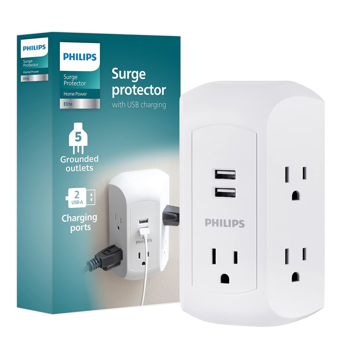 Philips 5-Outlet Extender, Grounded Wall Tap, 3-Prong, 2 USB-A, Surge Protector, Adapter Spaced Outlets, Side Access, 560 Joules, Quick and Easy