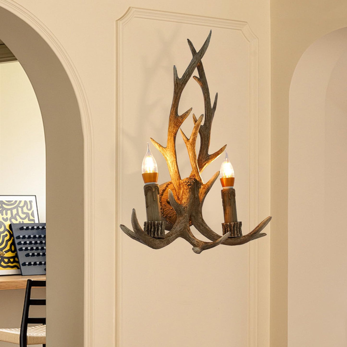 Mahugde Vintage Deer Antler Wall Light 110V Farmhouse Candle Light Rustic Country Style Farmhouse Wall Light with E14 Base for Bedroom Bathroom