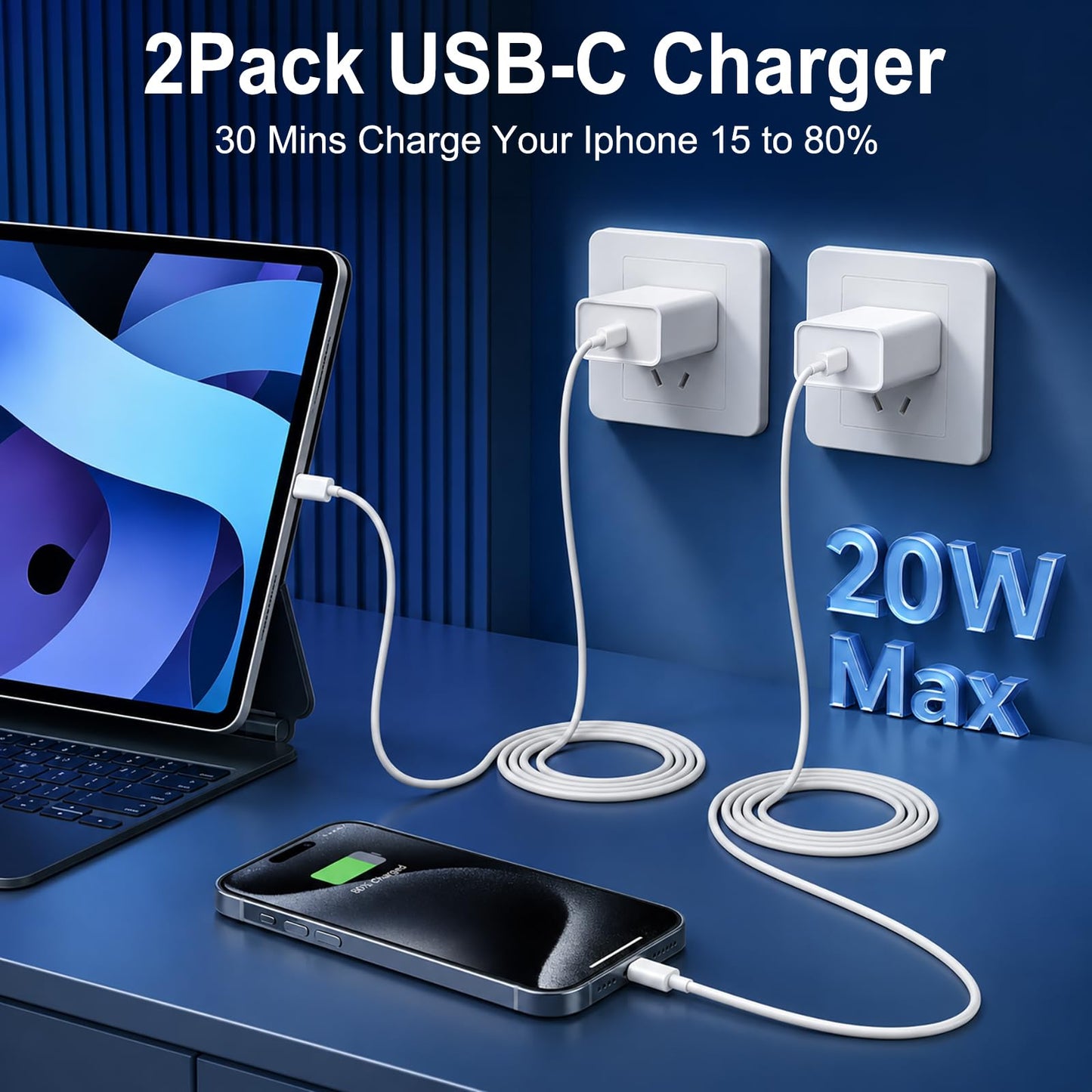 USB C Fast Charger for iPhone 17 16 15 Pro Max, 20W PD Wall Charger with 10FT Long Cable, Heat-Resistant & Stable Charging, Universal Compatibility