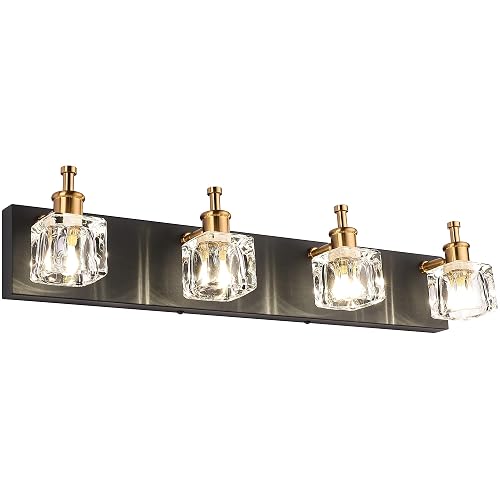 PRESDE Modern Black Bathroom Vanity Light Fixtures Over Mirror LED 4 Lights Crystal Bath wall Lighting