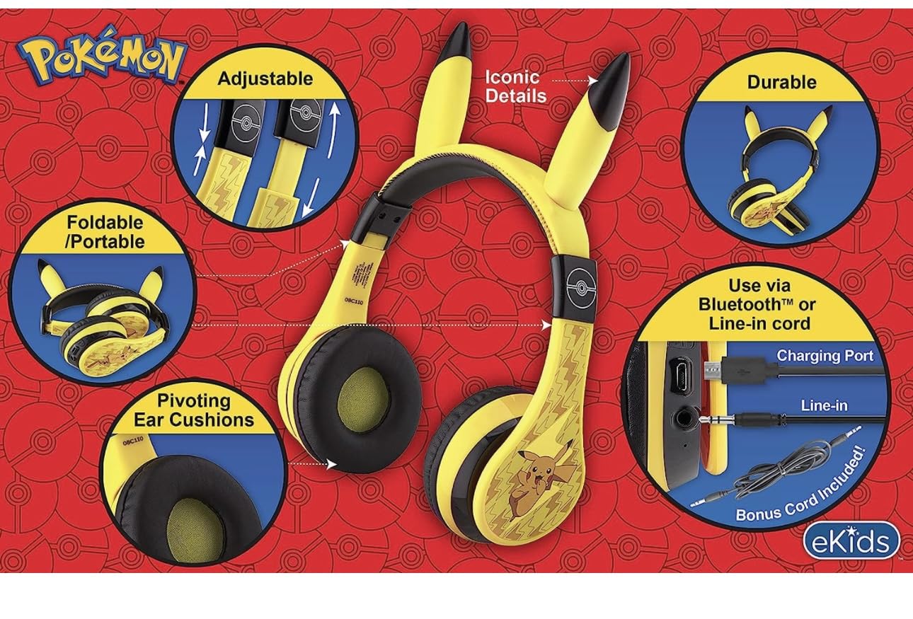 eKids Pokemon Kids Bluetooth Headphones, Wireless with Microphone, Includes Aux Cord, Volume Reduced, Foldable, Yellow