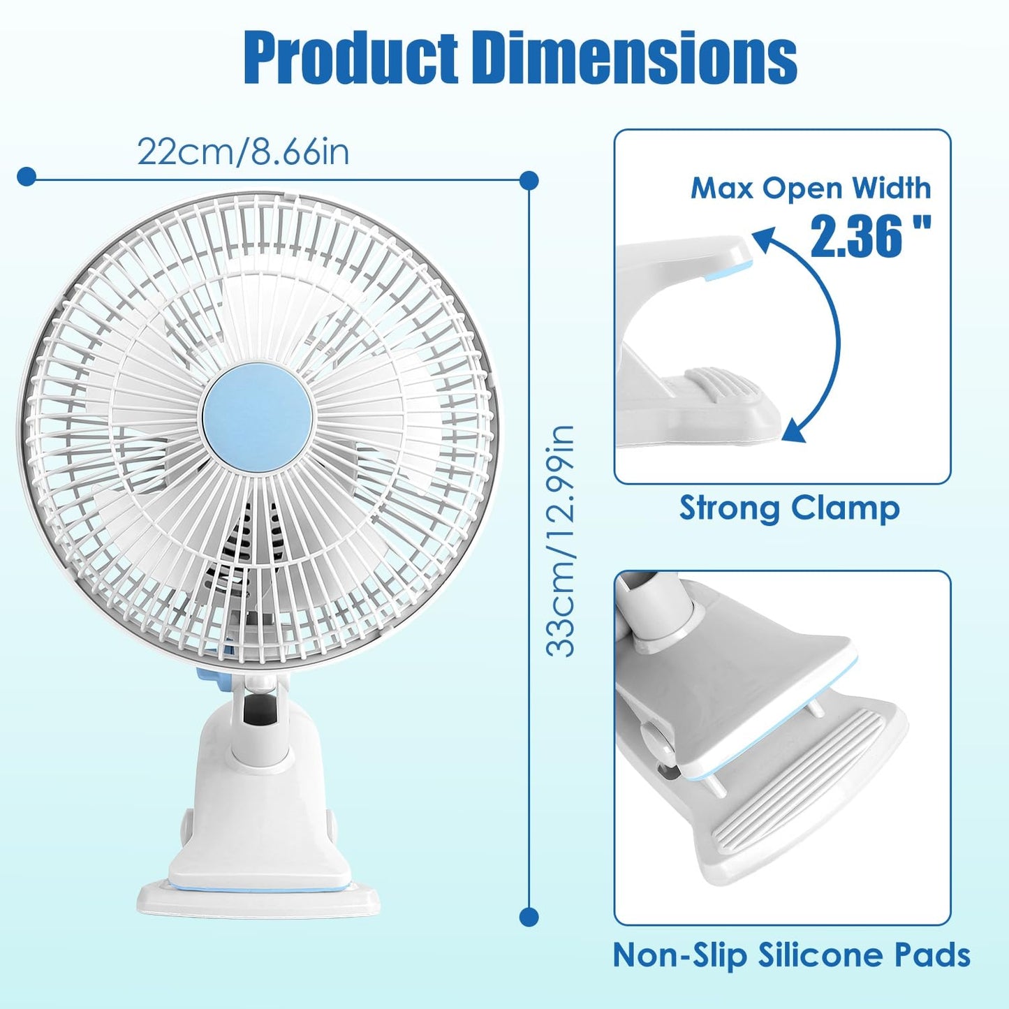WZONICE98 Portable Clip Fan with 2 Speeds 90° Oscillating Quiet Cooling Fan Desk Clip Hang 3 Ways for Office Bedroom Speeds Low Noise Small Fan Wall