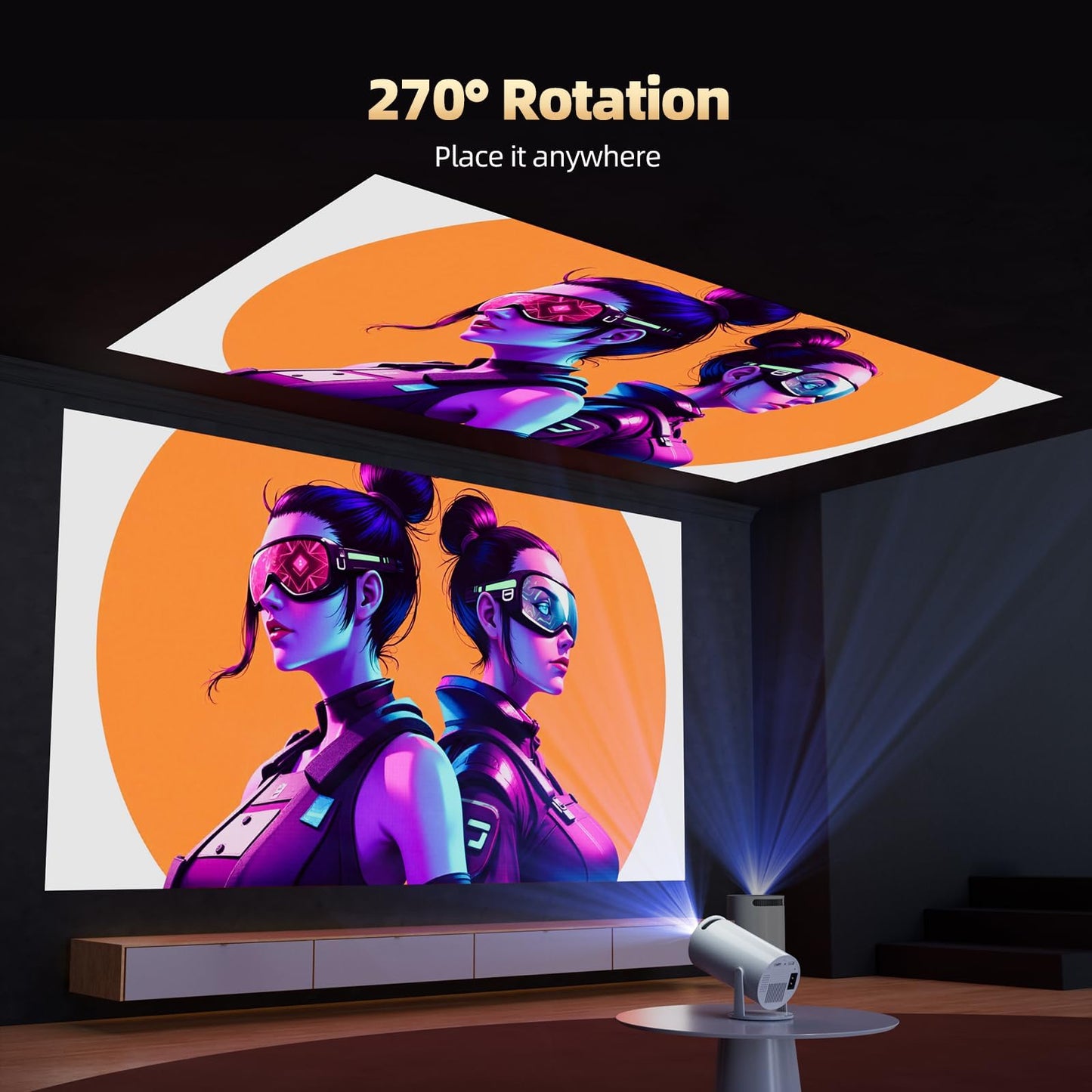 Mini Projector with WiFi and Bluetooth, 4K Projector, Portable Projector for Bedroom, Smart Projector of 270° Rotatable 130'' Projector Screen