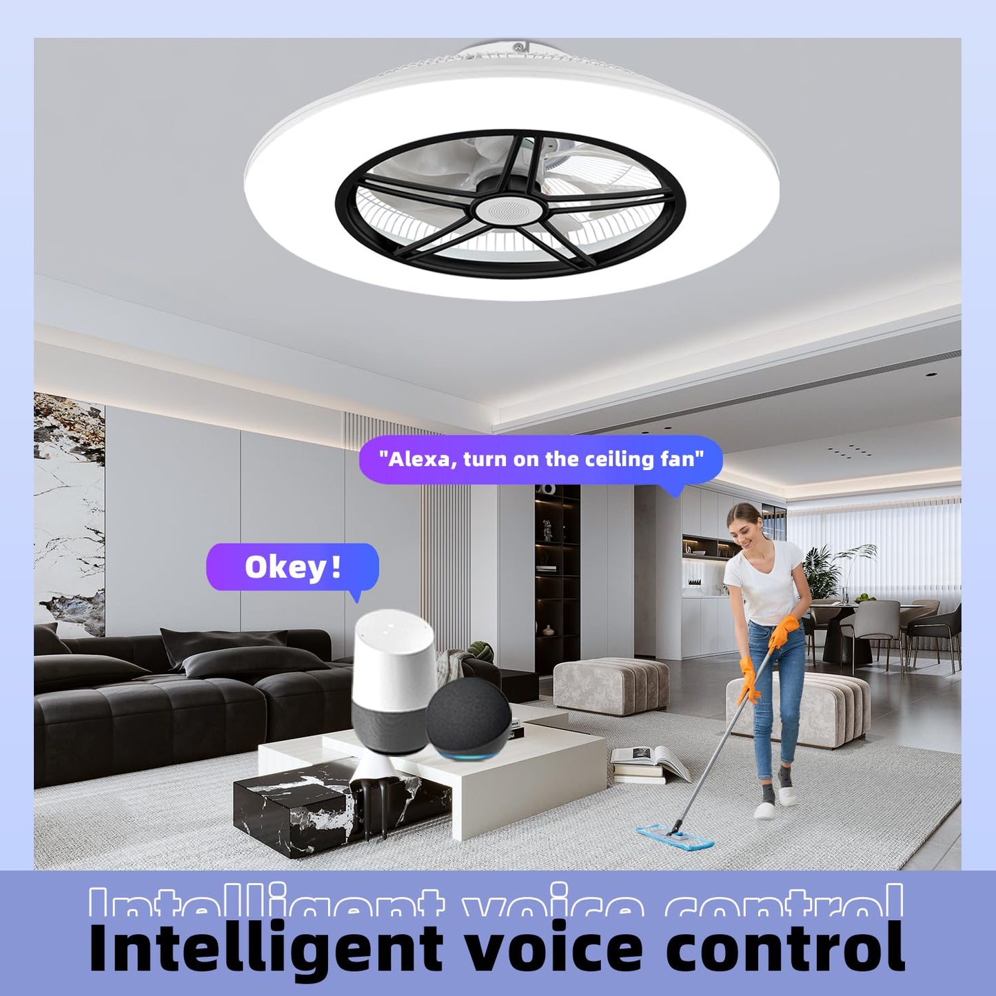 BAYSQUIRREL Alexa WiFi Low Profile Ceiling Fan with Light Flush Mount Enclosed Ceiling Fan LED Dimmable Bladeless Ceiling Fans with Google