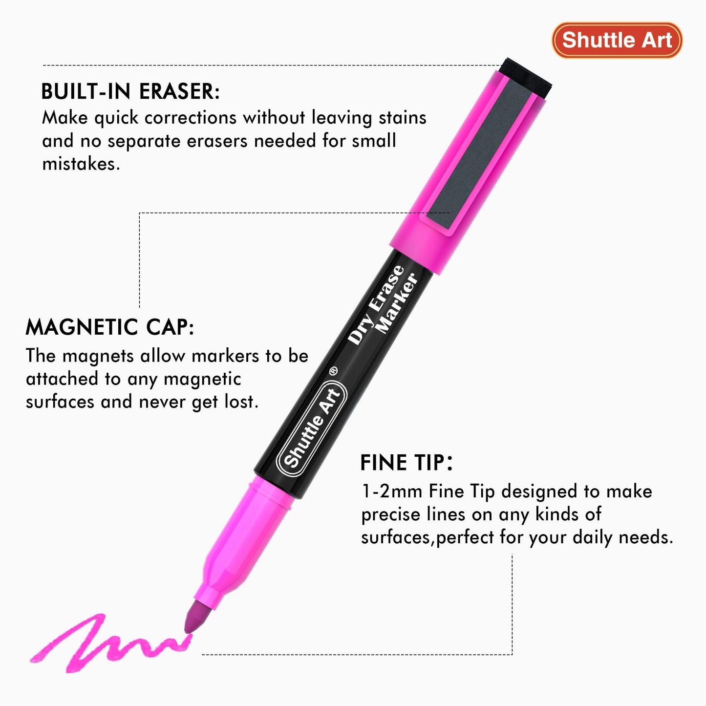 Shuttle Art Dry Erase Markers, 32 Pack 16 Colors Magnetic Whiteboard Markers with Erase, Fine Point Dry Erase Markers Perfect For Writing on