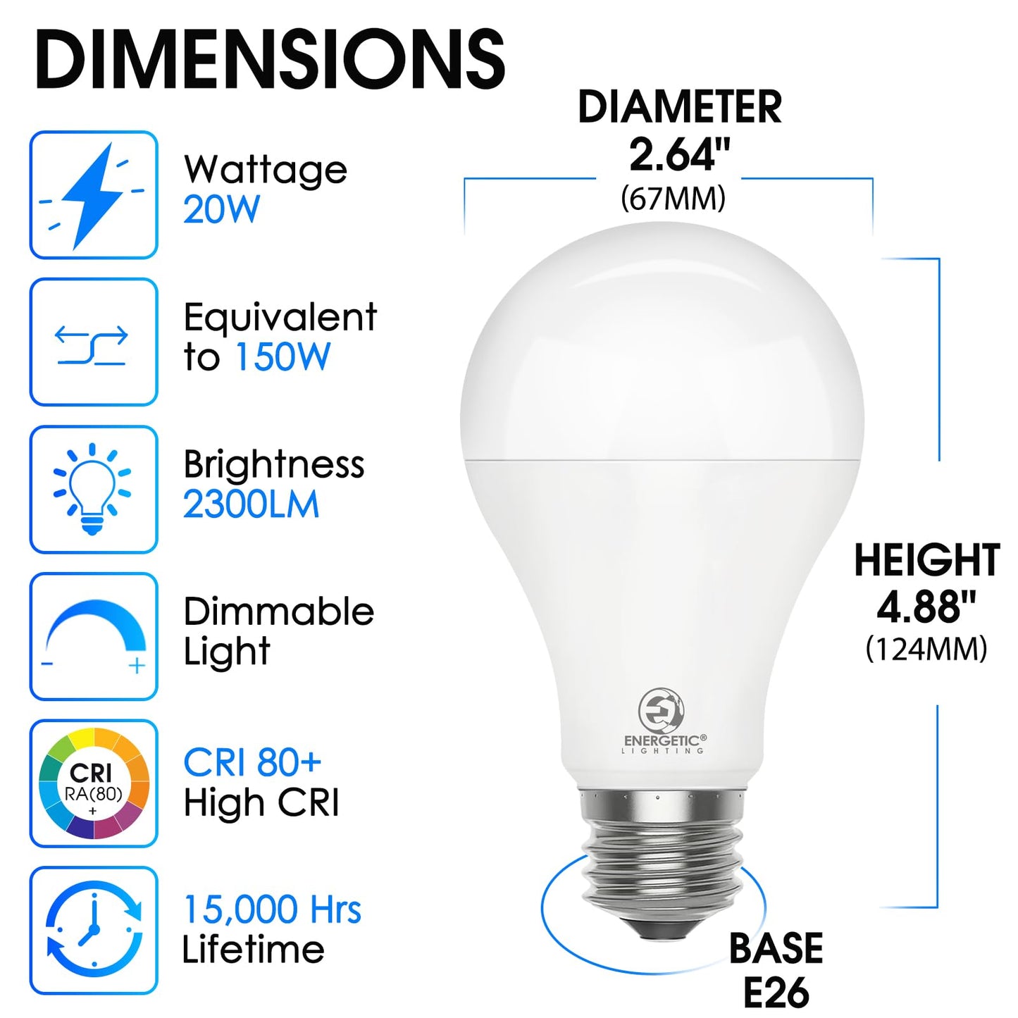 Energetic Dimmable LED Bulb, 150 Watt Equivalent, Super Bright A21 Light Bulb, Daylight 5000K, 2300LM, Brightest LED Bulbs, E26 Standard Base, Damp