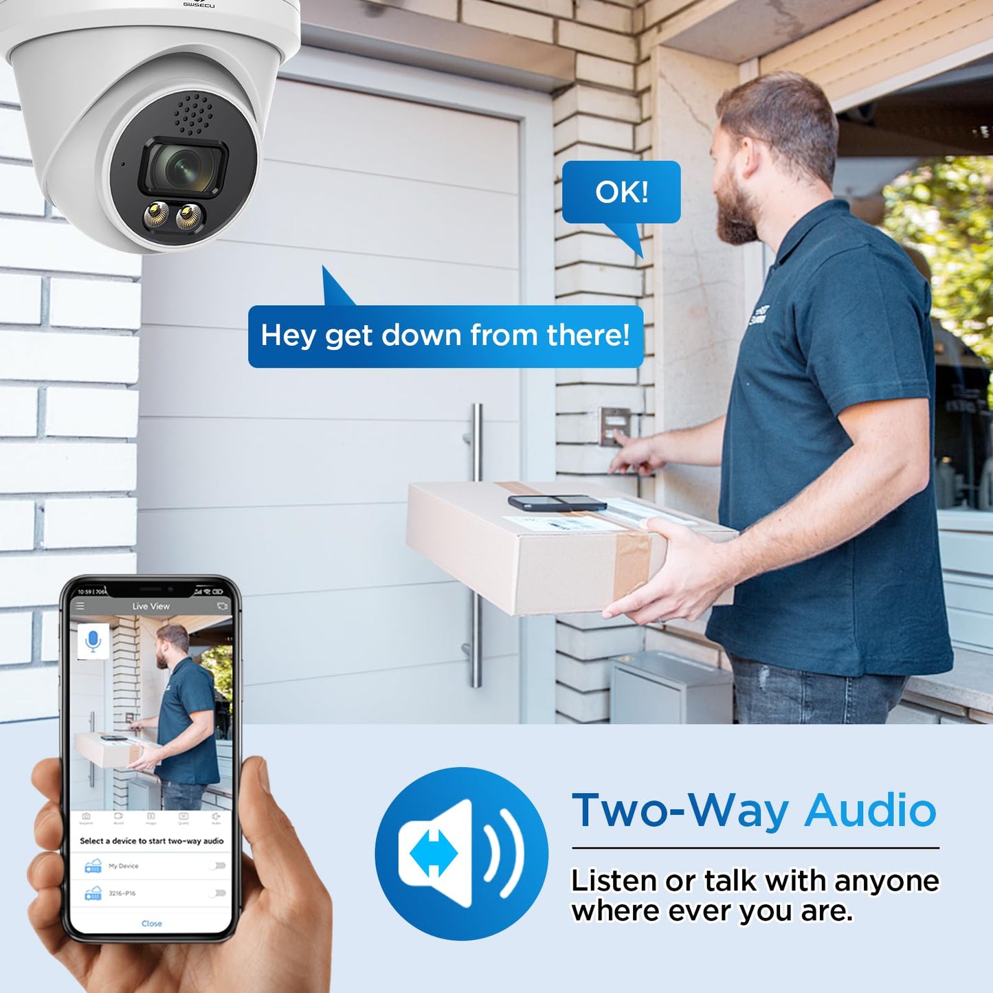GWSECU 5MP Security Camera System 16 Channel, 16x 5MP Wired IP PoE Dome Camera, Smart Dual Light Color Night Vision, AI Human Detection, 2-Way Talk