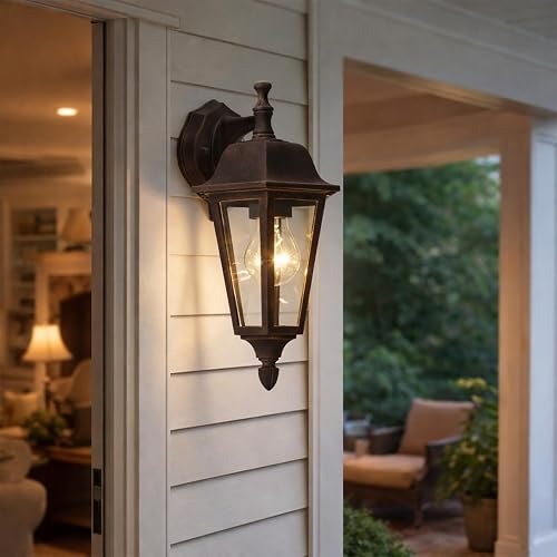 Lucande Outdoor Wall Lantern, Rust Finish Farmhouse Exterior Sconce, Clear Glass Porch Decor Wall Light for Front Door Garage Patio, Outside Lights