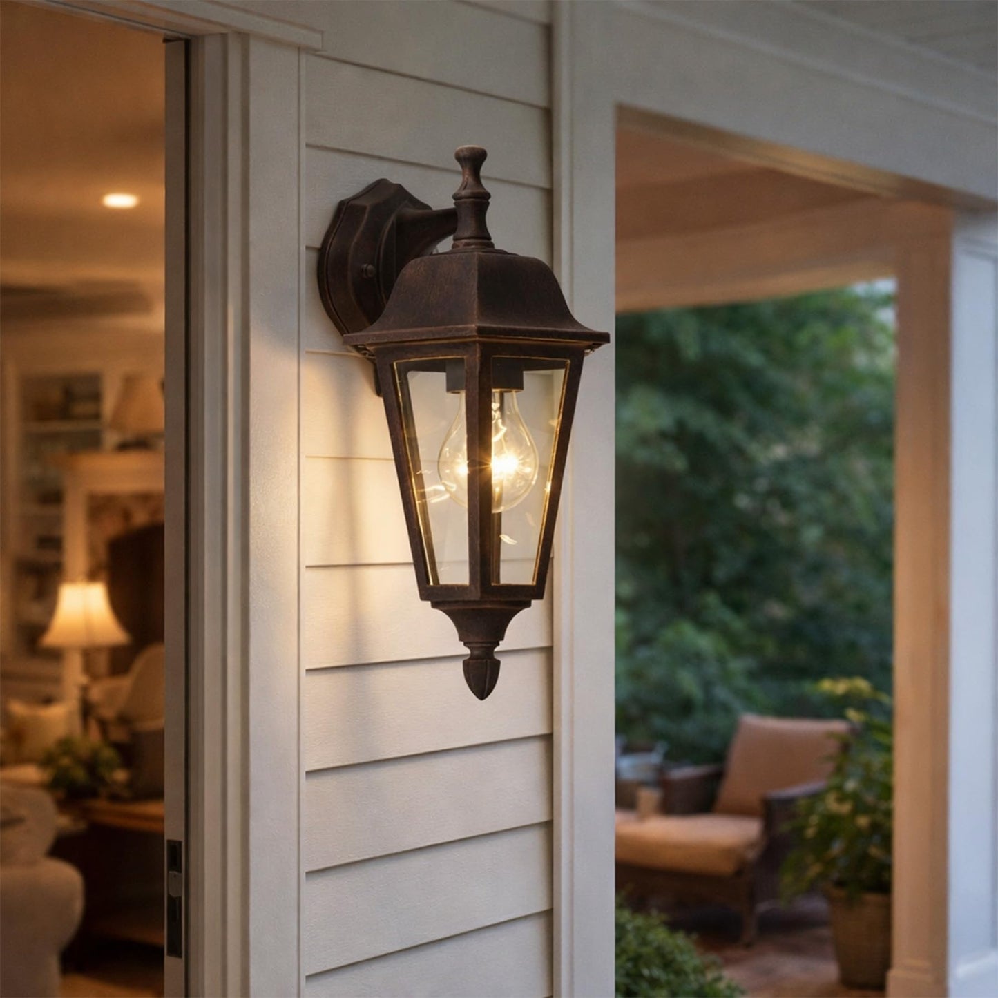 Lucande Outdoor Wall Lantern, Rust Finish Farmhouse Exterior Sconce, Clear Glass Porch Decor Wall Light for Front Door Garage Patio, Outside Lights