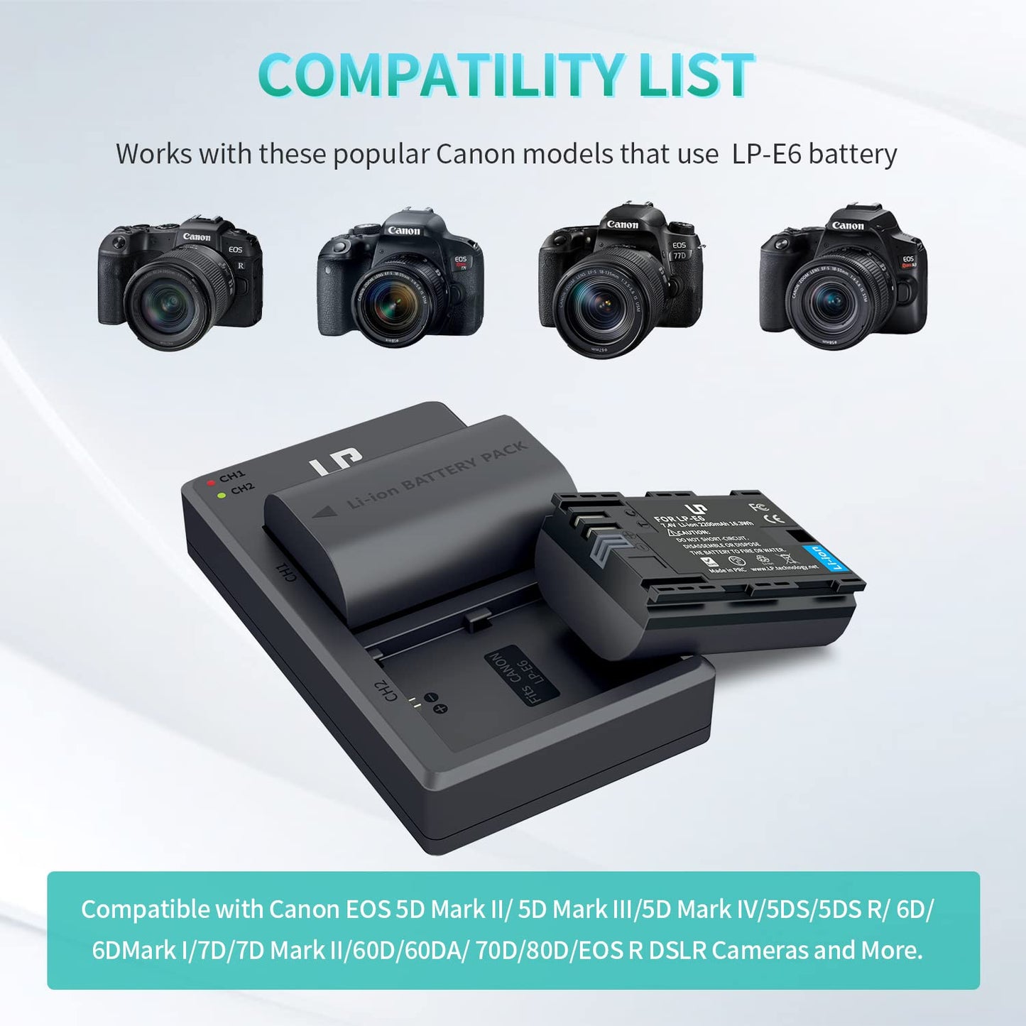 LP LP-E6 E6N Battery Charger Pack, 2-Pack 2600mAh Battery & Dual Charger Compatible with Canon EOS R, R5, R6, 90D, 80D, 70D, 60D, 60DA, 5D Mark II