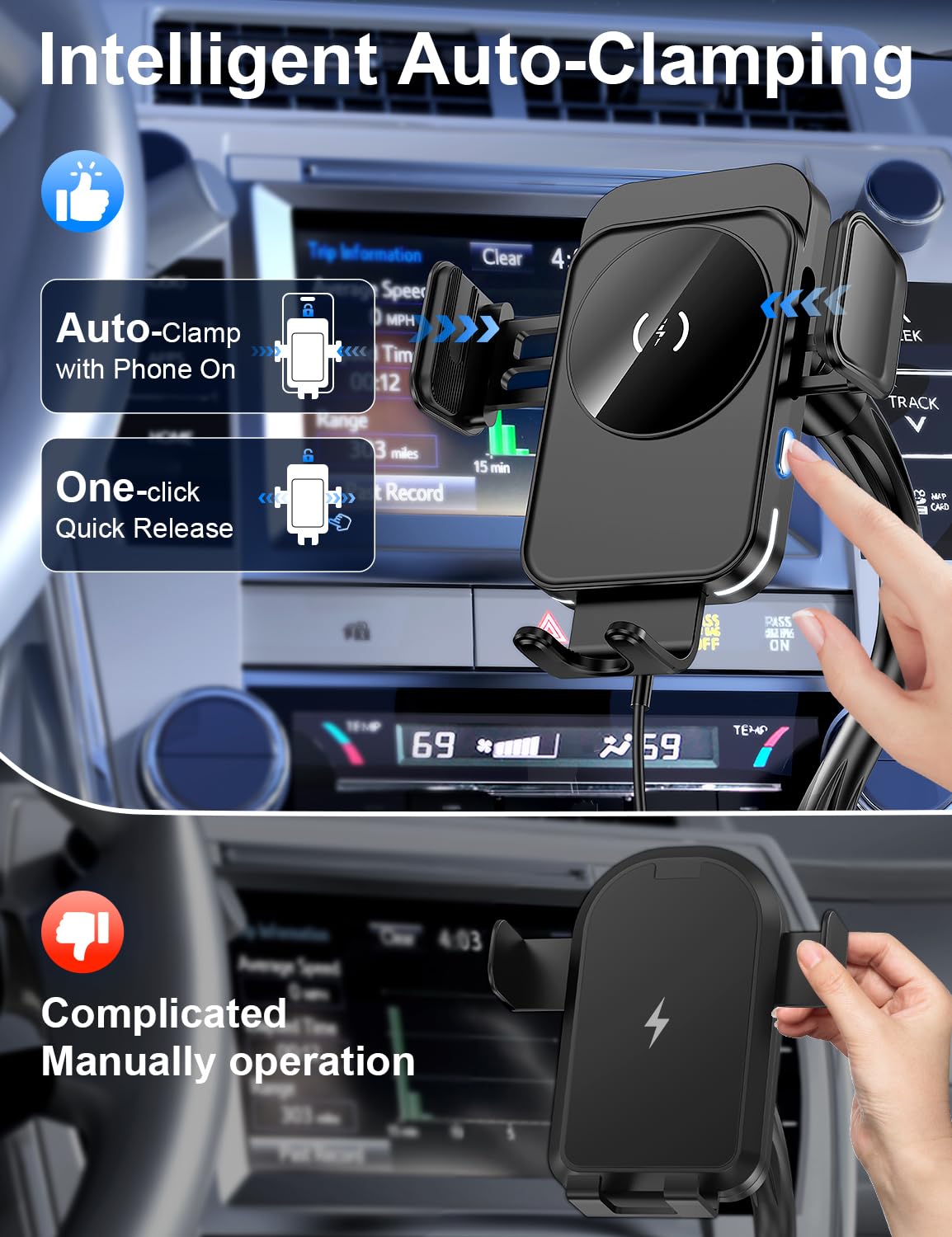 Cup Holder Phone Mount, [Auto Clamping] 2 in 1 Wireless Car Charger Holder Fast Charging, 15W with Quick Extension Long Arm, Fast Swivel Adjustable