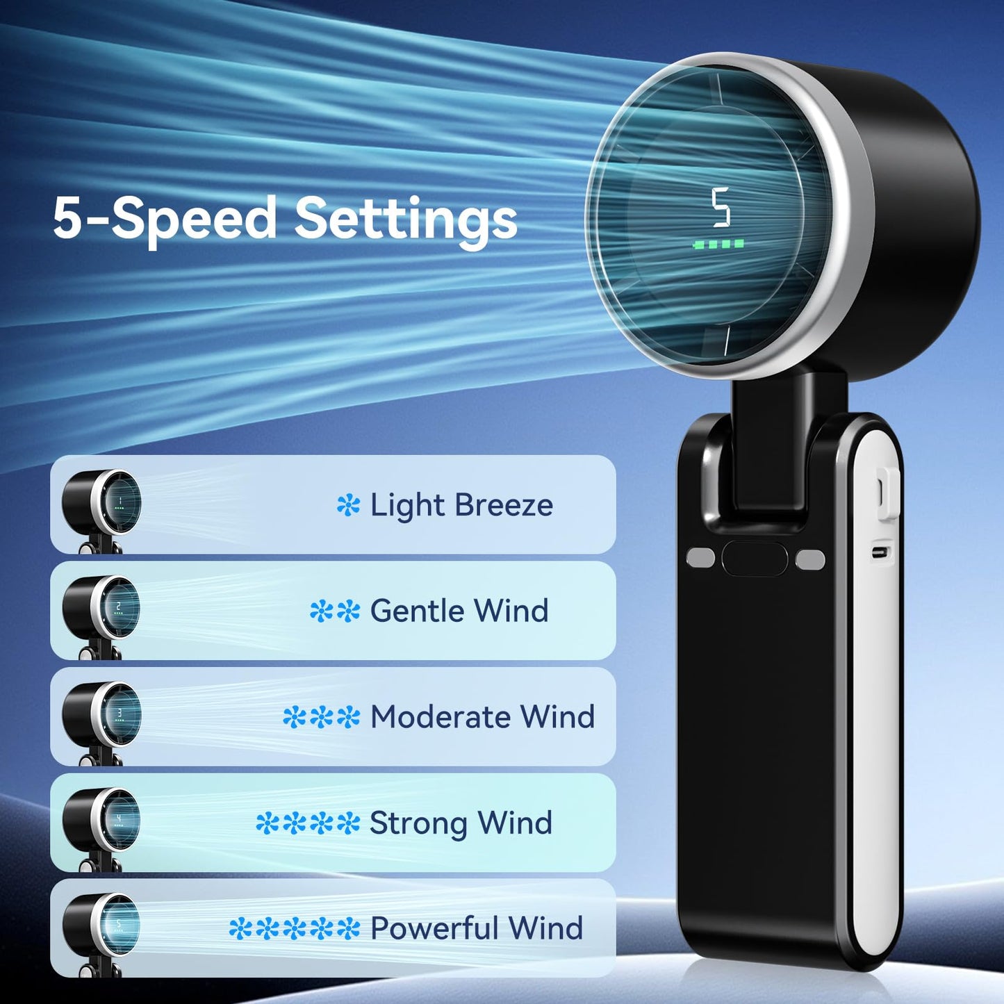 Azdedut Portable Fan, Mini Fan, Handheld Turbo Fan, Portable Rechargeable Fan, 5-Speed, LED Display, Foldable Design (Black)