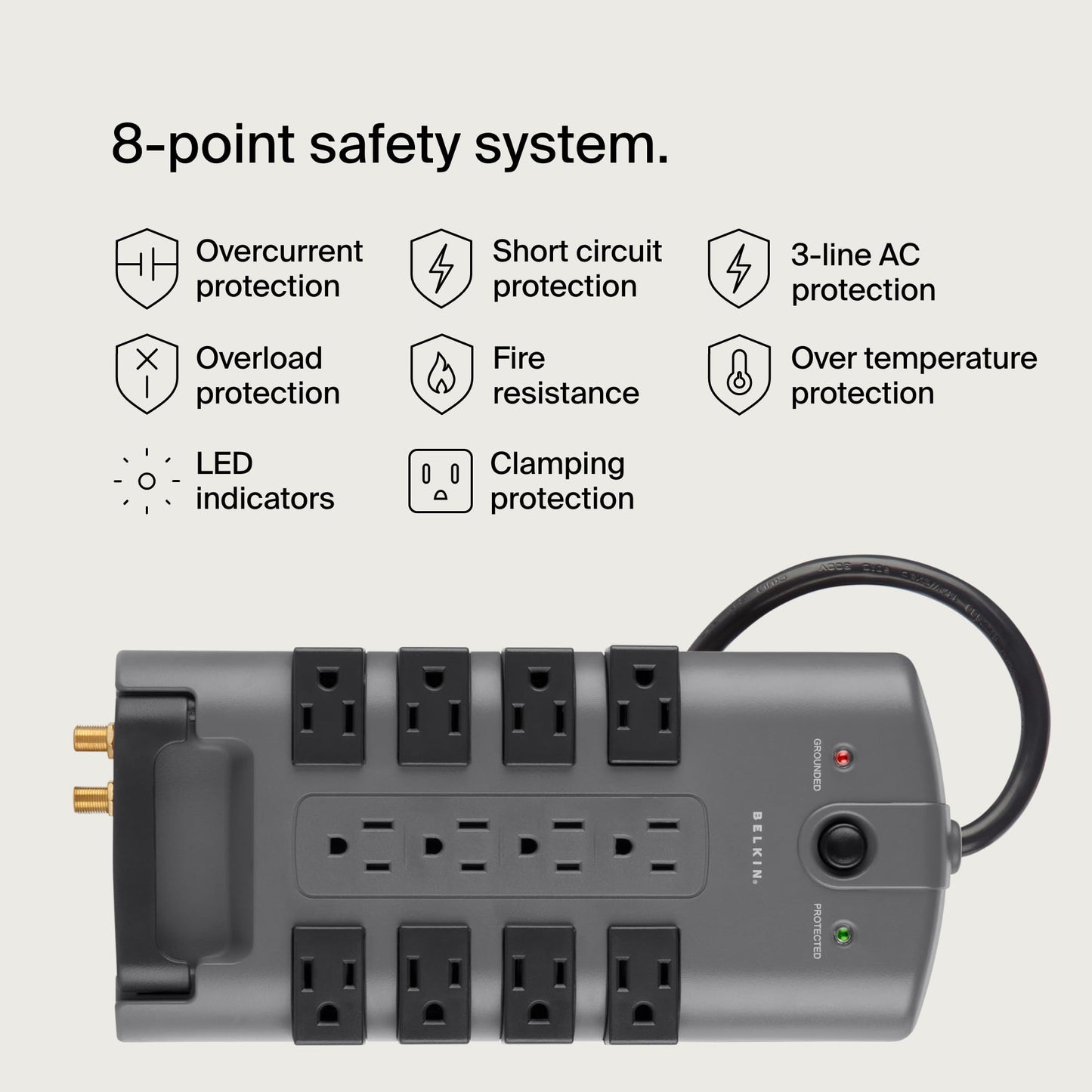 Belkin Surge Protector Power Strip w/ 8 Rotating & 4 Standard Outlets - 8ft Sturdy Extension Cord w/ Flat Pivot Plug for Home, Office, Travel, Desktop