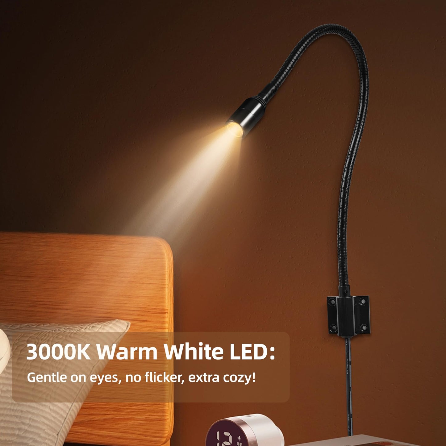 BiNFU Reading LED Light for Bedside Bedroom Wall Mount Adjustable Gooseneck Black