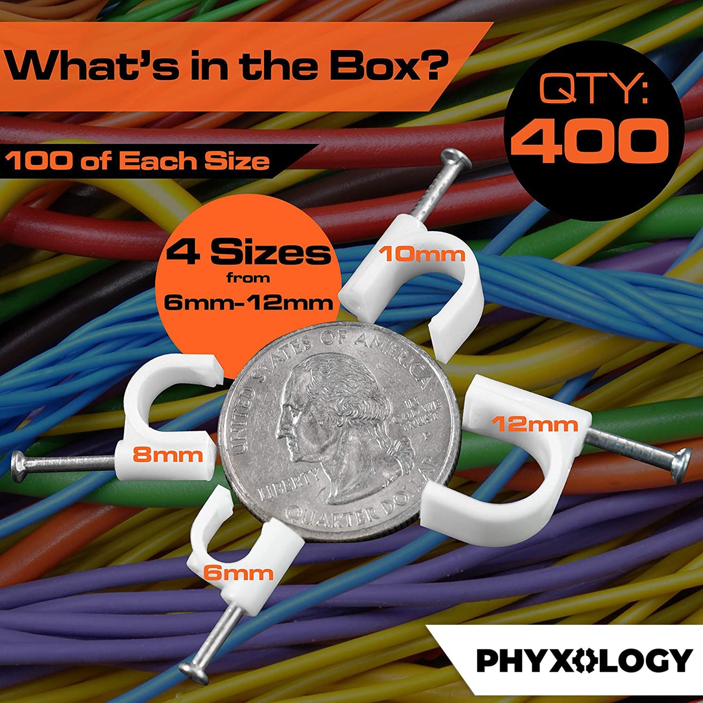 Pro-Grade, Cable Clips with Steel Nails 6mm, 8mm, 10mm, 12mm Size Wire Holders and Tacks 100 Each. Durable, UV Resistant Easy Install Plastic Clips