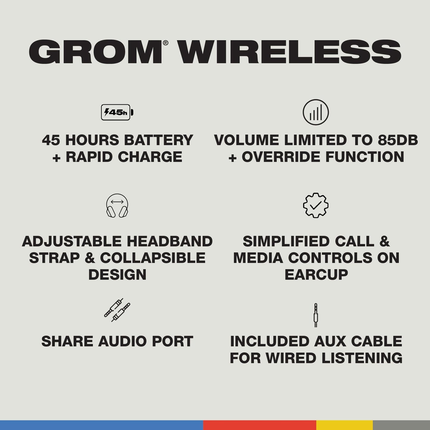 Skullcandy Grom Wireless Headphones, Volume-Limiting Audio, Comfortable Over-Ear Fit, Designed for Kids 6+, Up to 45 Hours Battery, Backup 3.5mm AUX