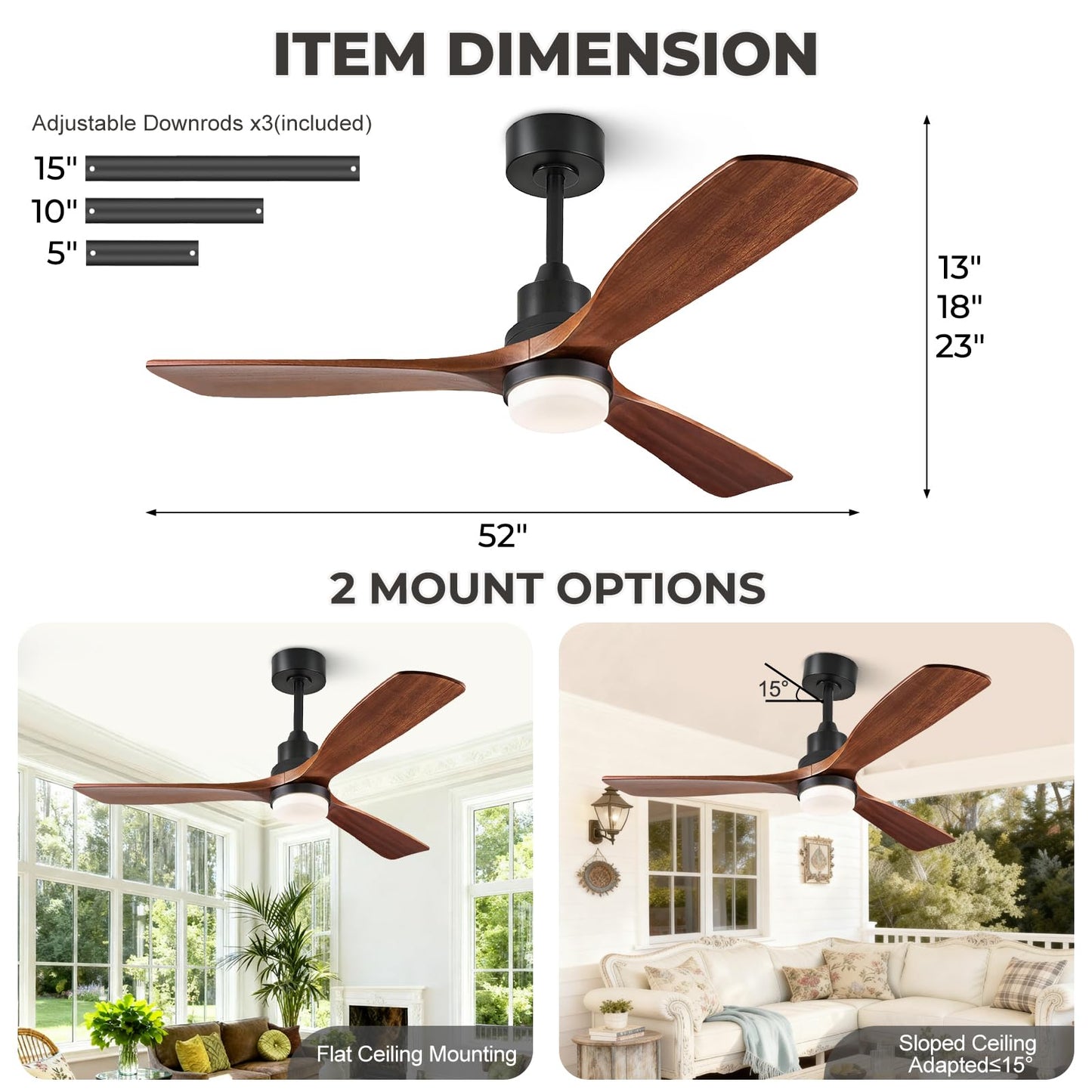 Ceiling Fans with Lights and Remote, 52 Inch Outdoor Ceiling Fan for Patios, 3 Wood Blades Smart Ceiling Fan with Lights,Works