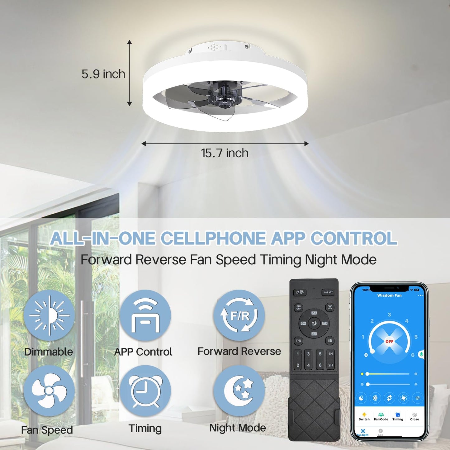 Ceiling Fans With Lights 15.7in, Low Profile Ceiling Fan Flush Mount With Remote, Dimmable LED 3 Color 6 Speeds Timing, Reversible Bladeless Modern