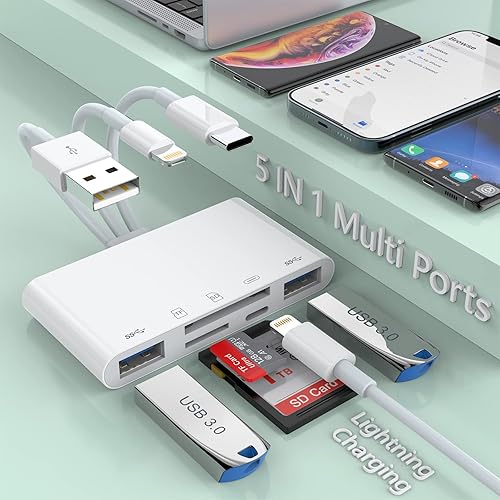 Multi 5-in-1 Lightning+Type C+USB A Card Reader for iPhone/iPad/Android/Mac Book/Computer/Tablet/Camera/Hard Disk/Flash Drive,OTG Memory Adapter