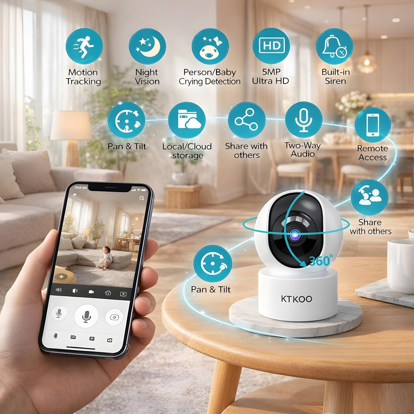 KTKOO Home Security Camera 360° Indoor Security Camera with Night Vision, Motion Detection & Two-Way Audio - Pet Cameras & Baby Monitor, 2.4GHz WiFi
