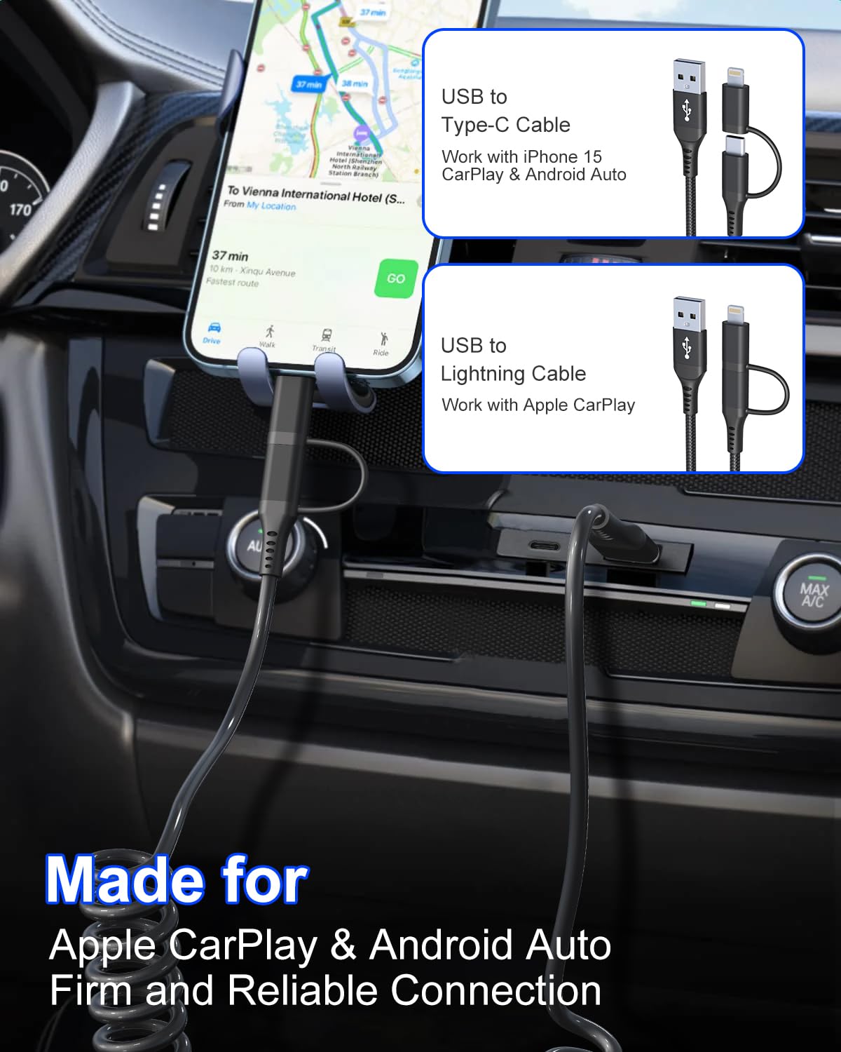 Coiled USB to USB C and Lightning Cable 2 in 1 - MFi iPhone 15/16 Car Charger Cord, 3A Fast Charging Cable for iPhone 16/15/14/13/12/X, Galaxy…