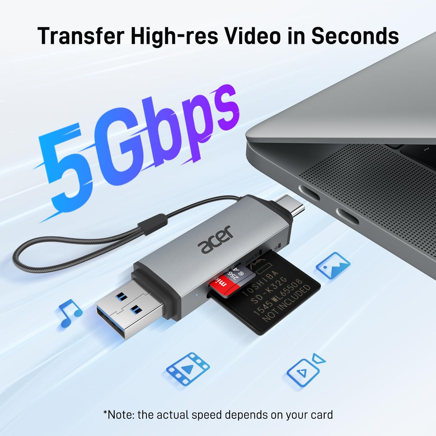 acer SD Card Reader USB C, Dual Slots USB 3.0 Type C to Micro SD Card Adapter, Memory Card Reader for MicroSD, SDHC, SDXC, Compatible with Laptop, PC