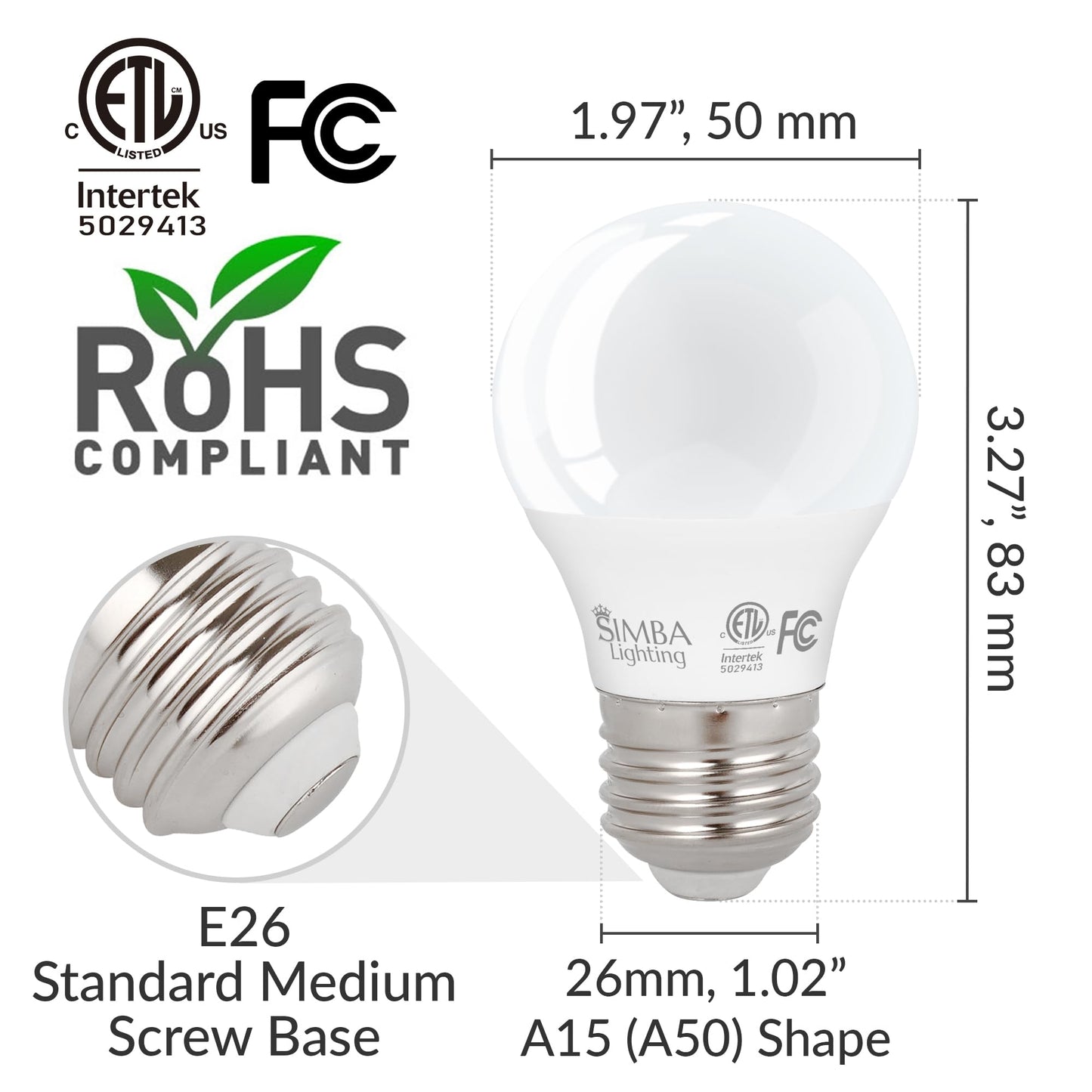 Simba Lighting LED A15 7W 120V ETL Listed Bulbs Dimmable E26, 5000K, 6 Pack