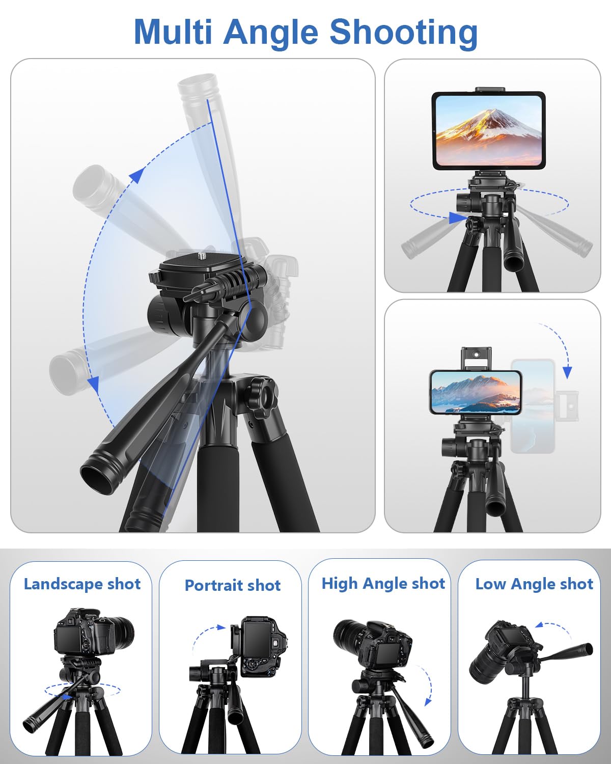 JOILCAN 67" Phone iPad Tripod, Professional Camera Tripod Stand for Tablet iPhone with 2-in-1 Holder & Carry Bag, Extendable Travel Tripod