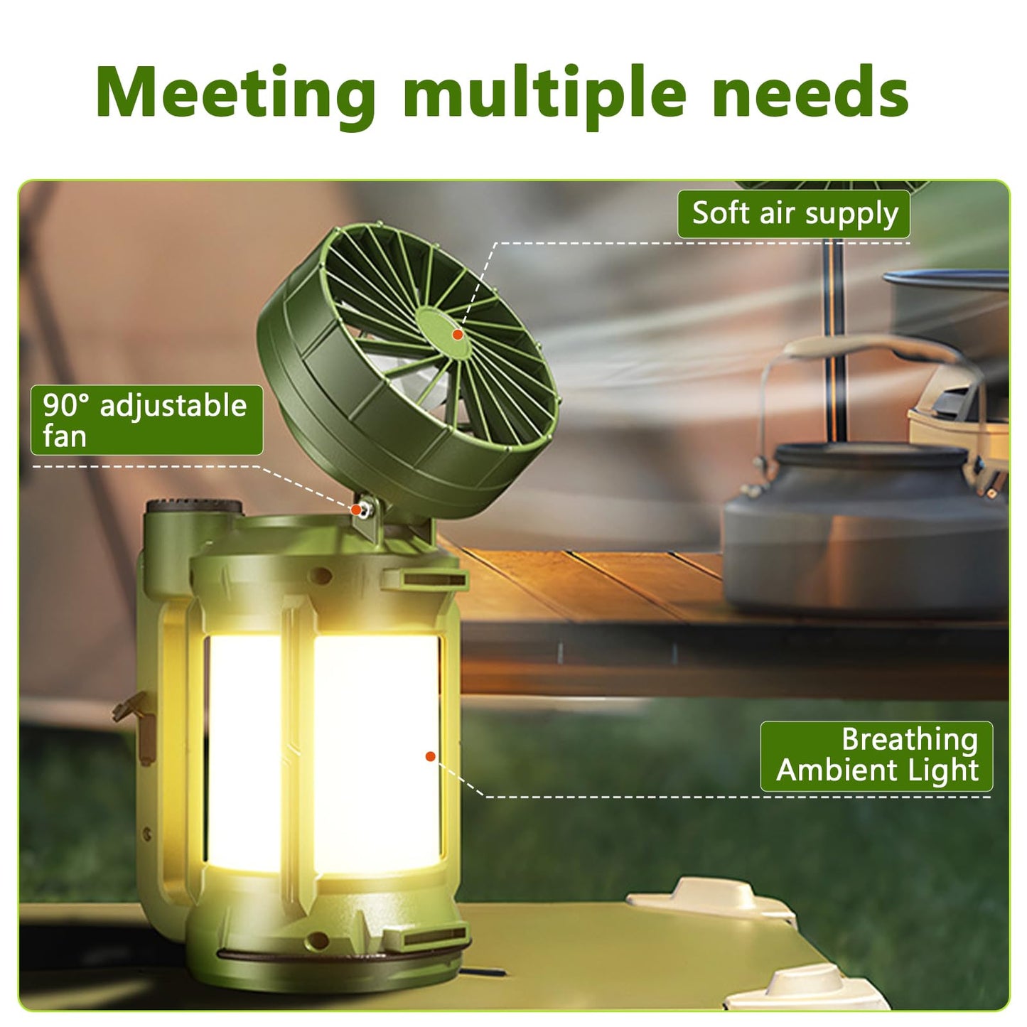 3-in-1 Solar Camping Fan with Light, 20W 500M Rechargeable Outdoor Lantern & Tent Fan, High-Speed Airflow, 5000mAh Battery, Solar/USB-C Charging, IPX4