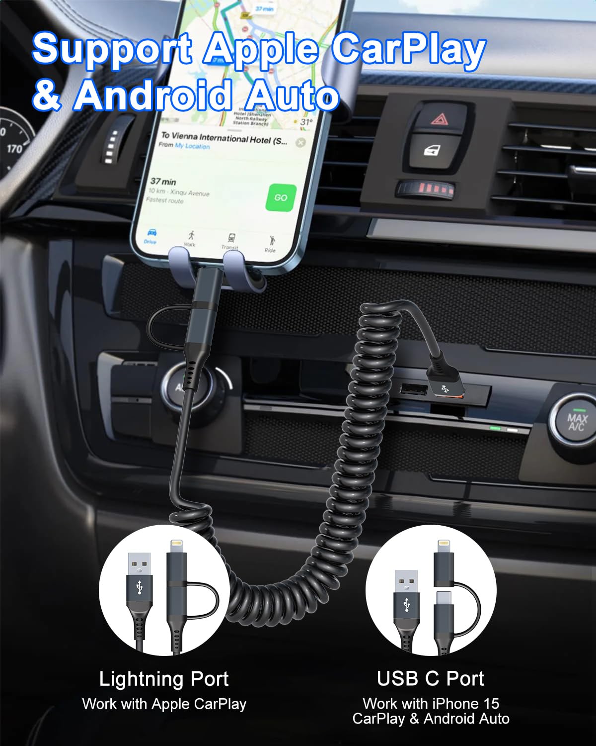 USB to USB C and Lightning Cable 2 in 1-3A Fast Charging & Data Sync Apple CarPlay & Android Auto Coiled Lightning and USB C Cable for iPhone 15 Plus…