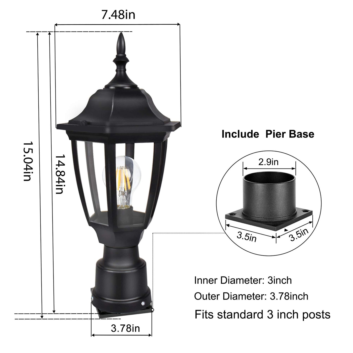 FUDESY Outdoor Post Lights, Electric Exterior Lamp Post Light Fixture with Pier Mount Base, LED Bulb Included, Anti Corrosion Black Plastic Materials