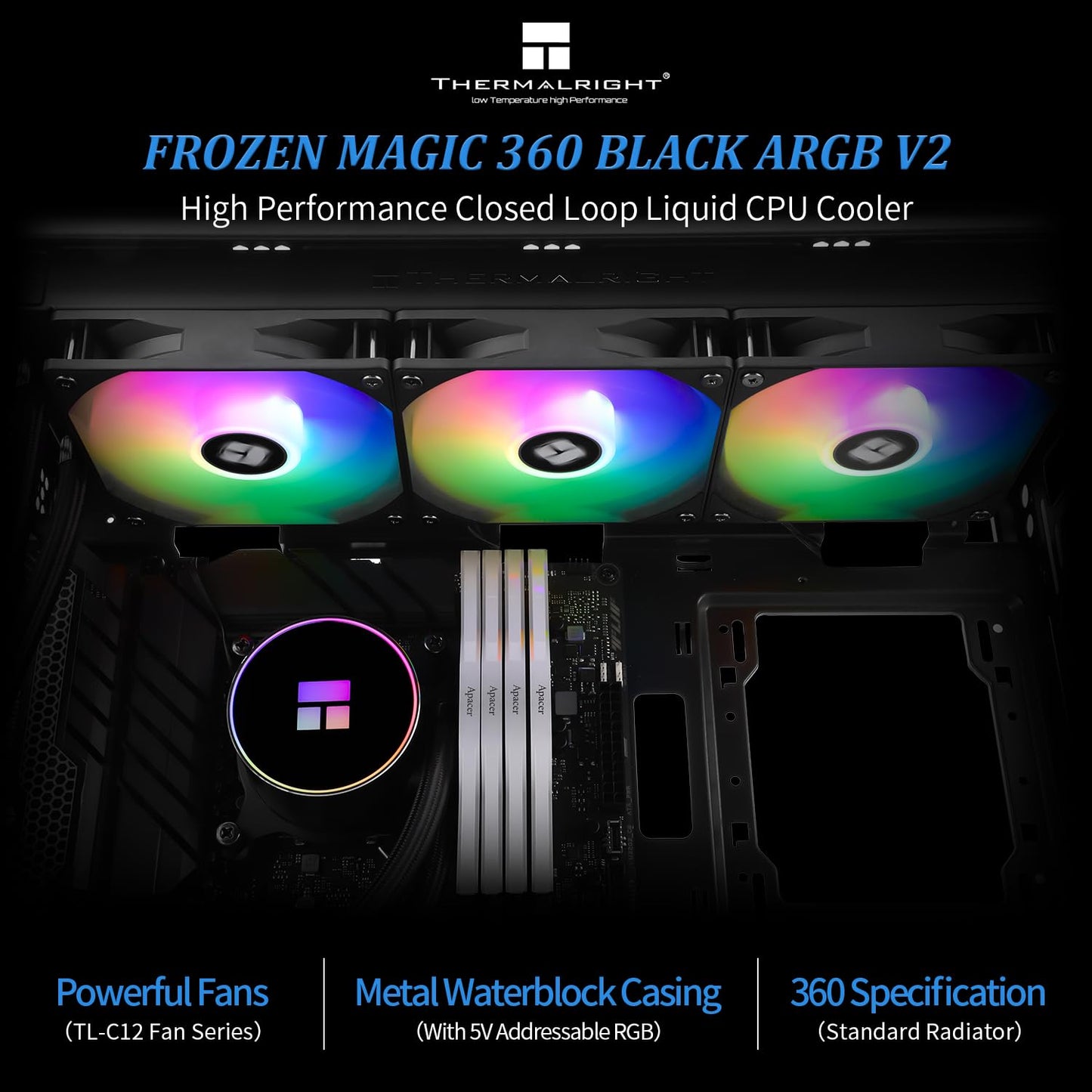 Thermalrlght Frozen Magic 360 Black ARGB V2 Liquid CPU Cooler, AIO Pump Head Speed up to 2800RPM, TL-C12B-S V2 PWM Fans,for AMD/AM4/AM5, Intel