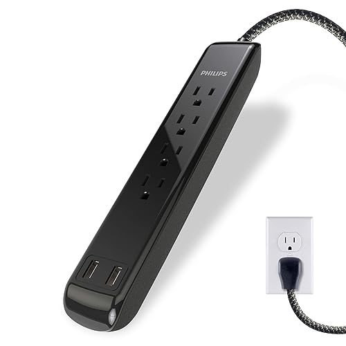 Philips 4 Outlet Power Strip Surge Protector with 2 USB Ports, 4 Ft Power Cord, Designer Braided Extension Cord, Flat Plug Extension Cord, Perfect