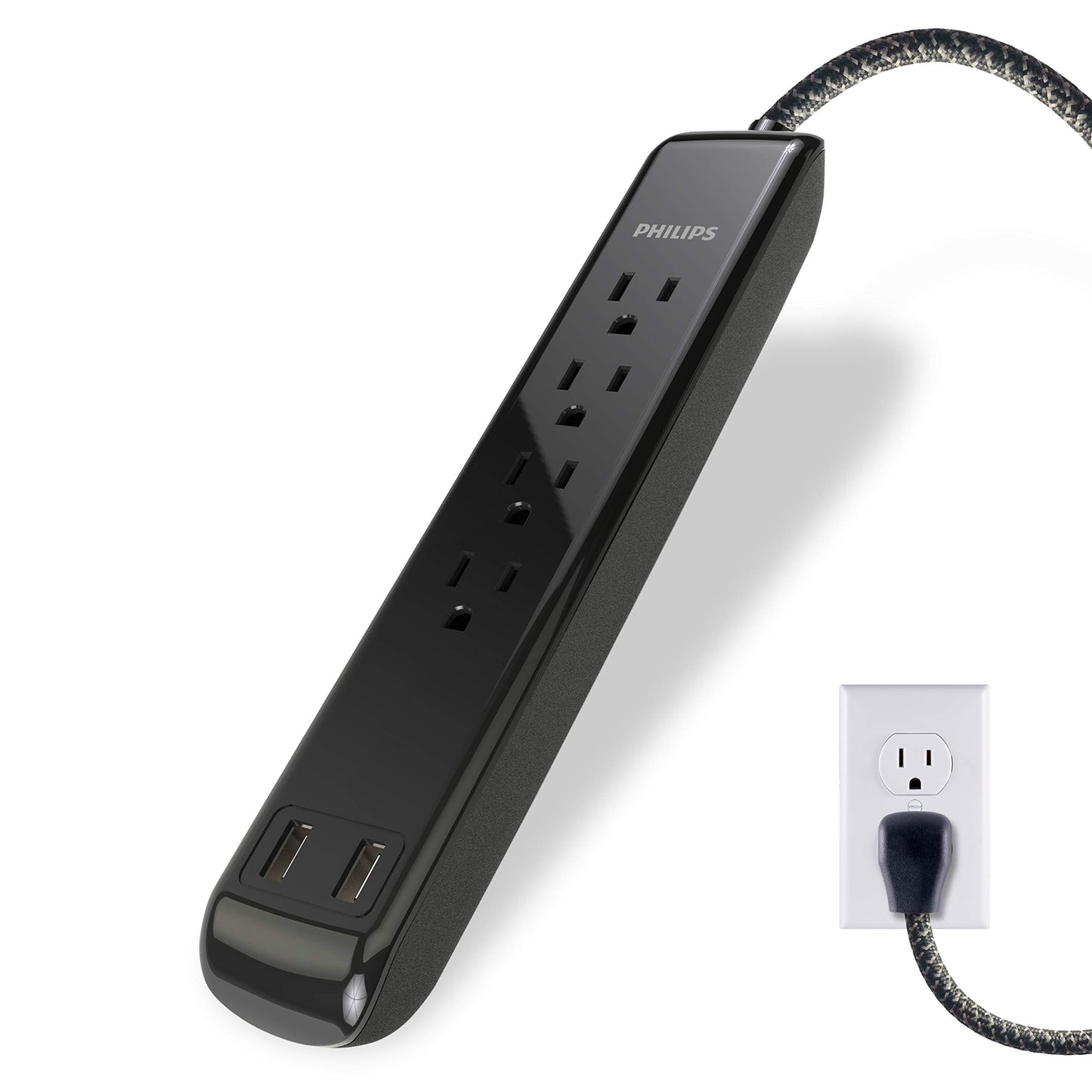 Philips 4 Outlet Power Strip Surge Protector with 2 USB Ports, 4 Ft Power Cord, Designer Braided Extension Cord, Flat Plug Extension Cord, Perfect