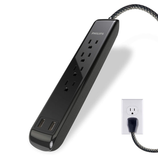 Philips 4 Outlet Power Strip Surge Protector with 2 USB Ports, 4 Ft Power Cord, Designer Braided Extension Cord, Flat Plug Extension Cord, Perfect