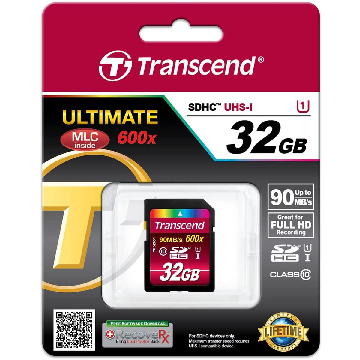 Transcend 32GB SDHC Class 10 UHS-1 Flash Memory Card Up to 90MB/s (TS32GSDHC10U1)