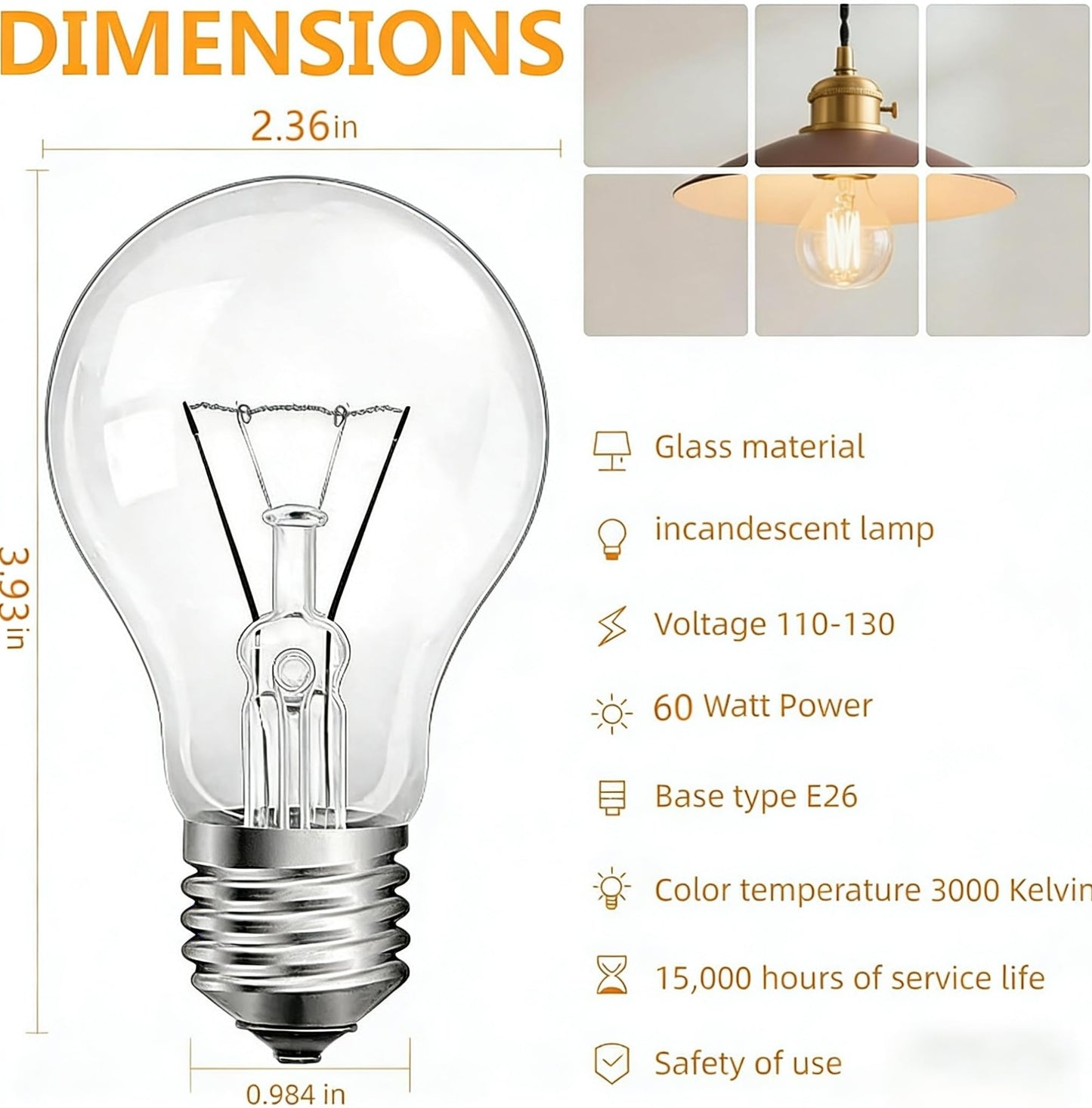 NABKRA 60W Incandescent Light Bulbs, A19 Clear Glass E26 Base, 6-Pack