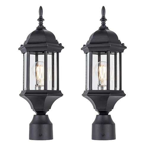 LIT-PaTH Outdoor Post Lighting Fixture Pole Lantern, E26 Medium Base Max 60W, Aluminum Housing Plus Glass, 2-Pack, Black Finish