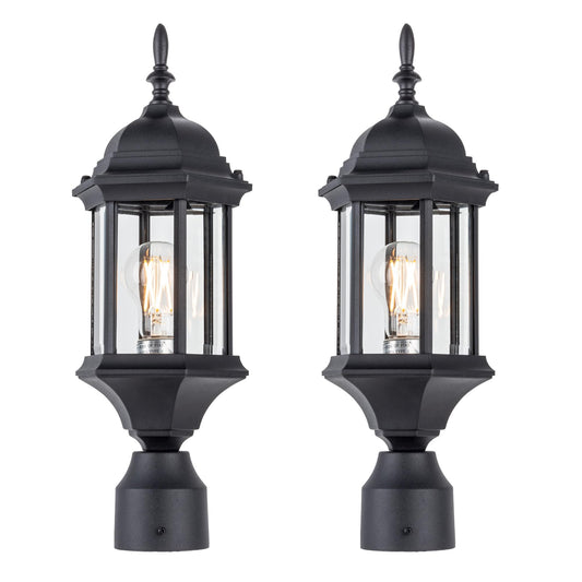 LIT-PaTH Outdoor Post Lighting Fixture Pole Lantern, E26 Medium Base Max 60W, Aluminum Housing Plus Glass, 2-Pack, Black Finish